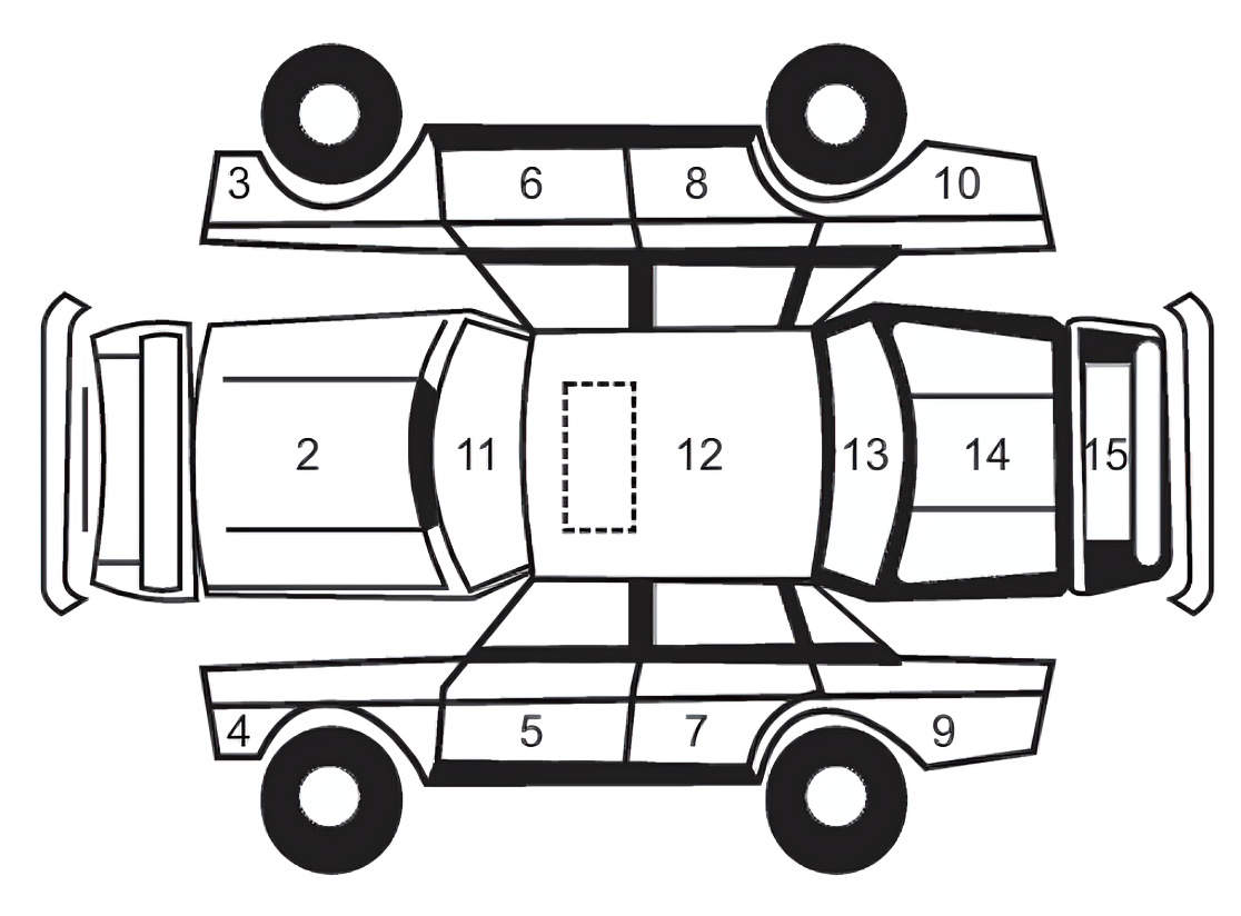 Car Inspection Diagram with parts numbered 1-15